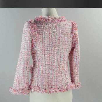 Rosa con lentejuelas chaqueta de tweed personalizado de otoño / invierno de las mujeres de lana chaqueta Slim nuevas señoras de pelo corto