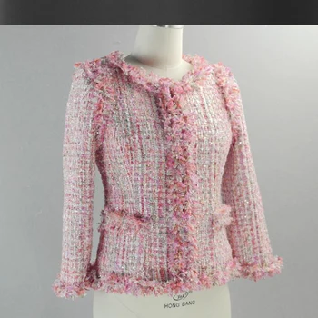 Rosa con lentejuelas chaqueta de tweed personalizado de otoño / invierno de las mujeres de lana chaqueta Slim nuevas señoras de pelo corto
