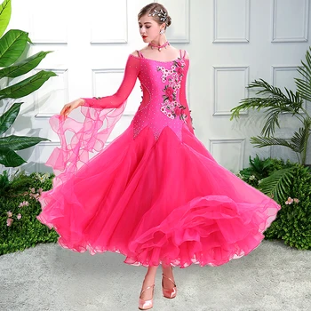 Rosa vestido de salón de baile estándar más el tamaño de salón de baile traje rojo vestido de tango vals vienés vestido de foxtrot de baile vestido de quickstep