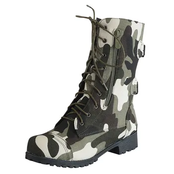 SAGACE de invierno para Mujeres zapatos planos forro de correas de tobillo de camuflaje de combate militar casual camuflaje de tacón bajo las botas de combate