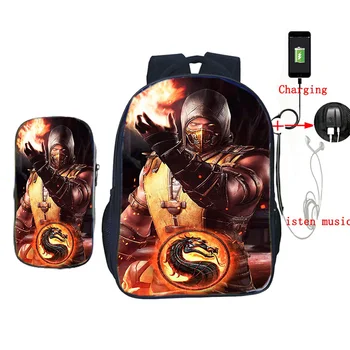 Scorpion De Mortal Kombat X Máscara 2 Pcs/set Mochila Adolescentes Niños Cosplay de la Escuela de Bolsas de Hombres Diaria Portátil USB para Cargar Bolsas de Viaje 25551