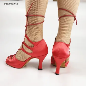 Sexy Hot Latin dance rojo zapatillas de raso de la sala de baile de Salsa, Jazz, Bachata, Kizomba danza de la mujer de 7cm de alto/medio/bajo de la altura de los tacones de los zapatos
