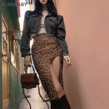 Sexy Split Frontal De La Impresión Del Leopardo De Las Mujeres De La Falda De Moda Slim Cintura Alta Faldas Casuales Streetwear Paquete De Cadera, Rodilla-Longitud De La Falda Femenina 7174