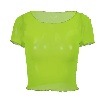 Sexy verde Mujeres Camiseta de Ver a Través de Malla Transparente Tops de Manga Larga Pura Slim Damas O-cuello de la Camiseta de la Nueva Llegada de las Mujeres camiseta