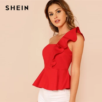 SHEIN Glamour Rojo de la Colmena de Recortar Un Hombro Peplum Slim Fit Peplum en la Llanura de la Tapa Superior de la Manga de la Blusa de las Mujeres de la Primavera Elegantes Blusas