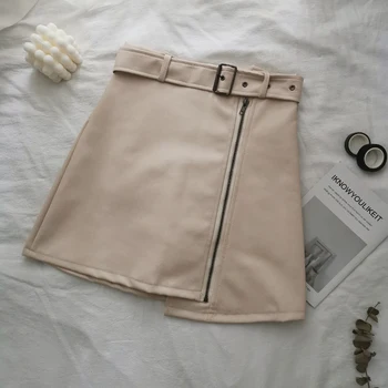 SHIJIA de Cuero de la PU de Una línea de Mini Falda 2019 Vintage Elegante Delgada de Alta Cintura de las Mujeres de Cuero de Imitación Faldas de los Cierres de Cremallera Irregular Femenino