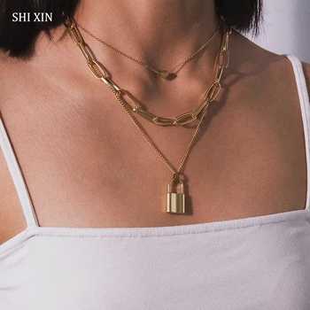 SHIXIN Hiphop Multi Capa de Bloqueo Colgante de Collar de las Mujeres de Calor Candado Grueso Collar de 2020 Cadena de la Moda de la Decoración en el Cuello