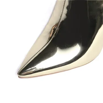 SIMLOVEYO de Invierno zapatos de las mujeres botas de tobillo Fino tacón alto de cuero de Patente de la Cremallera de Brillo de Gran tamaño 45 de Oro Botas feminino B1402 24011