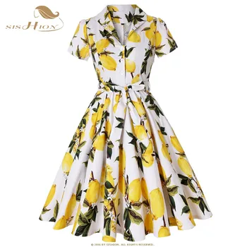 SISHION de Algodón Más el Tamaño de verano de la Vendimia Vestidos de Limón Impresión Floral Blanco Amarillo de la década de 1950 de Estilo Elegante Vestido de Fiesta Más Tamaño SD0002