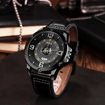 SMAEL Los Relojes de hombre Negro de Cuero Correa de reloj del Calendario del Reloj los 30M Impermeable Reloj 9115 relogio masculino de Cuarzo relojes de Pulsera