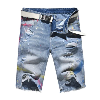 Sokotoo Hombres pintados agujeros rasgados cortos de mezclilla de Verano longitud de la rodilla de la calle angustiado destruido fringe mendigo jeans 10335