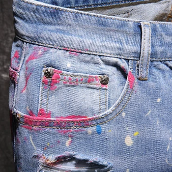 Sokotoo Hombres pintados agujeros rasgados cortos de mezclilla de Verano longitud de la rodilla de la calle angustiado destruido fringe mendigo jeans