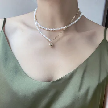 SRCOI Naturales Perlas de agua Dulce Asimétrica de Cuentas de la Cadena de Gargantillas Collar de Metal Amor Colgante de Clavícula Collar de la Joyería de las Mujeres