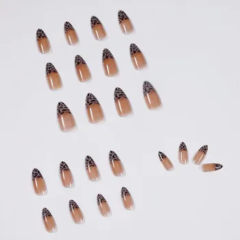 Stiletto postizas con Pegamento de color Marrón Oscuro Dedo Cubierta Completa con Diseño de Leopardo Estilo Punk de Uñas de Arte de Damas francesas Uñas postizas