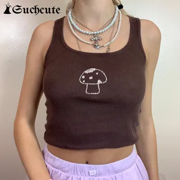 SUCHCUTE y2k Estética Impresa de la Mujer camisetas, al Estilo coreano Casual Marrón Básico Crop Tops Ropa de Fitness Tops Acanalados