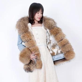 Super corto dril de algodón de cuello de piel de zorro de piel de conejo forro extraíble de moda chaqueta de abrigo chaqueta casual