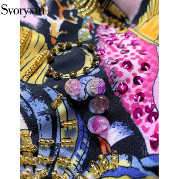 Svoryxiu 2021 Nueva Moda de Verano en la Pista Vestido Corto de Mujer de gama Alta de Cristal con Cuentas de Concha de Impresión de color Rosa Corto Sleev Vestidos