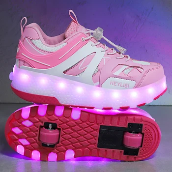 Tamaño de 28 a 40 Niños de Luz Led de Zapatos de Niños de Carga USB Luminoso Zapatillas de deporte con Ruedas de Doble Niñas Brillante de Rodillos Doble de Zapatos