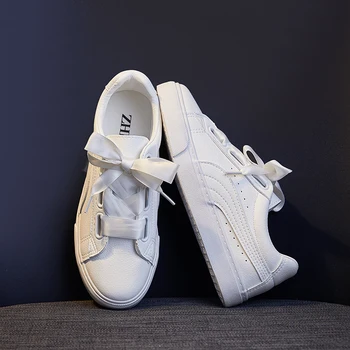 THZ 2021 Arco-nudo de la Cinta de Zapatos Casuales de la Plataforma de Zapatillas de deporte de las Señoras de cordones de la Marca de los Diseñadores de Caminar Dividir los Zapatos de Cuero Blanco Pisos