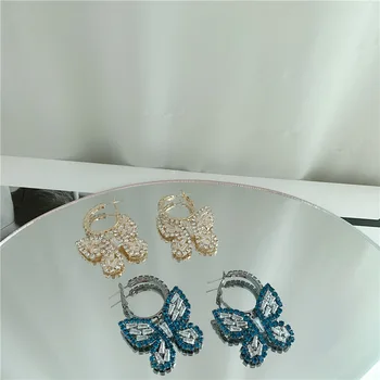 TIMEONLY coreano Oversize Mariposa CZ Circonio Cuelgan Aretes Azul Color Beige de Brillantes diamantes de Imitación Pendientes para las Mujeres de las Señoras
