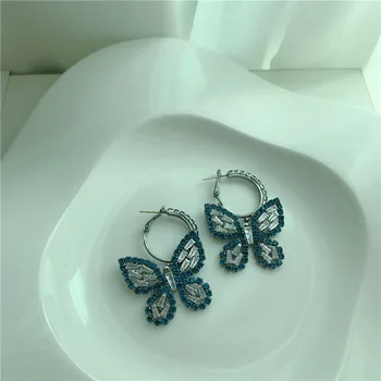 TIMEONLY coreano Oversize Mariposa CZ Circonio Cuelgan Aretes Azul Color Beige de Brillantes diamantes de Imitación Pendientes para las Mujeres de las Señoras