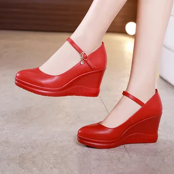 TIMETANG Más Size35-43 Cuñas Zapatos de Plataforma de Mujer, Zapatos de la Boda Blanco Rojo de Primavera zapatos de Tacón Alto de las Bombas de las Señoras de la oficina shoesE1249