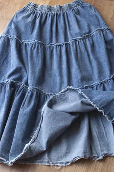 TiYIHAILEY Envío Gratis Borlas de Algodón de Mezclilla de Largo la mitad de la pantorrilla Faldas Para las Mujeres de Verano de Elástico en la Cintura Una línea de Algodón de Verano Faldas