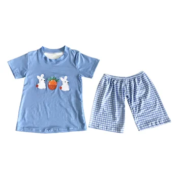 Top venta de ropa de niños niños bebé de la leche de seda en polvo conejo azul de manga corta con pantalones Cortos 20 16699