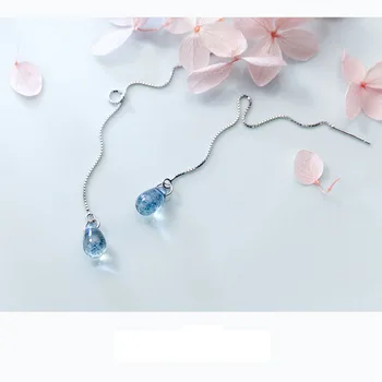 TOYOOSKY Moda Azul en forma de Gota en el Oído de la Línea de la Plata Esterlina 925 Pendientes de Mujer de Temperamento Largo del Oído de la Joyería Brincos