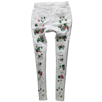 Tramo Blanco Jeans De Mujer Multicolor Con Cuentas Retro Vintage Agujero Jeans Skinny Pantalones Vaqueros Rasgados Pantalones 15794
