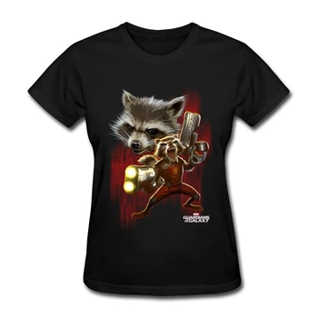 Trenzado de Rocket Raccoon Tela de Algodón de las Tendencias Básicas de la Camiseta Impresa de la Mujer camisetas Casual SummerAutumn Tops Camisetas O-Cuello