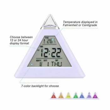 Triangled 7 Colores De Luz De Fondo Led Digital Reloj De Alarma Snooze Calendario De Tiempo De Visualización De La Temperatura De La Tabla De Reloj De Escritorio De Decoración Para El Hogar