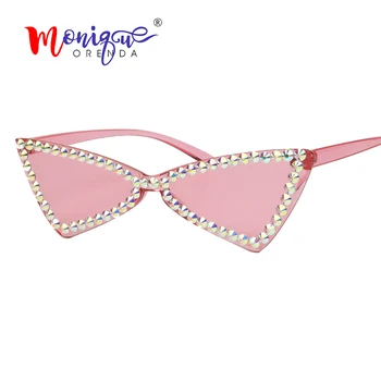 Triángulo de 2019 Cat Eye Gafas de sol de las Mujeres de Montura Vintage Rhinestone de las Gafas de sol de color Rosa Amarillo Tonos de Moda para las mujeres