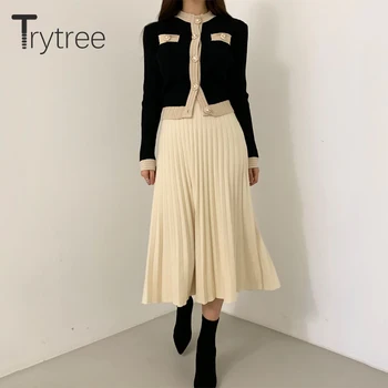 Trytree 2020 de Invierno de dos piezas de las Mujeres del Conjunto Casual de Punto Único Breasted Top + Falda Plisada Sólido Señora de la Oficina de Traje de 2 piezas