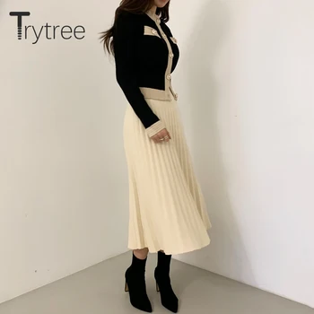 Trytree 2020 de Invierno de dos piezas de las Mujeres del Conjunto Casual de Punto Único Breasted Top + Falda Plisada Sólido Señora de la Oficina de Traje de 2 piezas