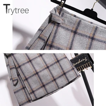 Trytree 2020 Otoño Invierno set de Dos piezas Casual O-cuello Bufanda de Tejido Sólido Suelto Top + Falda a Cuadros de Una línea de Mini Set 2 piezas