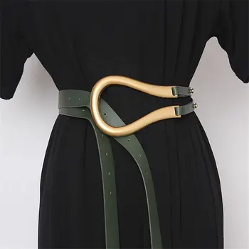 TVVOVVIN las Mujeres de la Moda de Nueva Cinturones de Metal Curvada Grande de Herradura Hebilla de Microfibra Importada de Cuero de la Correa Doble Casual Cinturón DMY1859