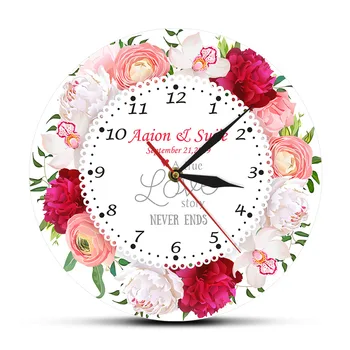 Una Verdadera Historia De Amor Nunca Termina Nombre Personalizado Casado Fecha Moderno Reloj De Pared Aniversario Floral De La Pared Reloj Personalizado Del Regalo De Boda
