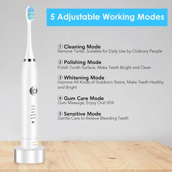 USB de Smart Eléctrico de Sonic Vibración Cepillo de dientes 5 Modos Impermeable Cepillo de Dientes para Blanquear los Dientes Oral Cuidado de la Familia, el Cuidado Dental