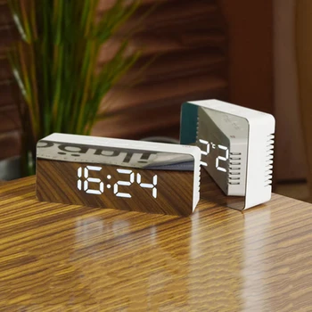 USB LED Digital Reloj de Alarma 12H 24H, Alarma y Función de Repetición de alarma Espejo Reloj Interior Termómetro Electrónico de Escritorio Relojes de Mesa