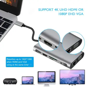 Usb Tipo C Hub HDMI compatibles con 4K Adaptador Vga RJ45 Lan Ethernet Sd Tf USB-C 3.0 Tipo C Jack de 3,5 Mm de Audio y Vídeo Para Macbook Otg