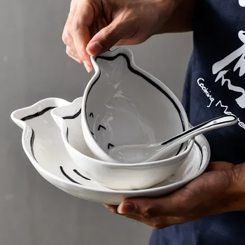 Vajillas de cerámica Simple Creativo de dibujos animados Lindo Gato y Fish Bowl de la Placa de la Casa del Estudiante de los Niños utensilios de Cocina