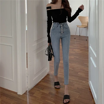 Venta caliente de alta cintura de la mujer pantalones vaqueros de moda chic estiramiento estrechos pantalones versión coreana ins pesado diamante hebilla de jeans