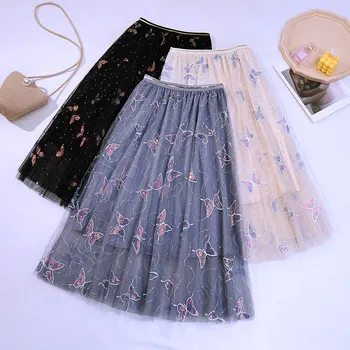 Verano de Hilo bordado de las Mujeres Mini Falda de la Señora Mariposa gasa Kawaii por Encima de la Rodilla Faldas de Verano de 2020 Mujer Dulce Streetwear