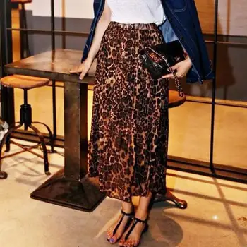 Verano de las Mujeres Largas de la Impresión del Leopardo de la Falda Elástica de Cintura Alta de Gasa Plisada Slim Fit Casual Falda Maxi WF332 6410