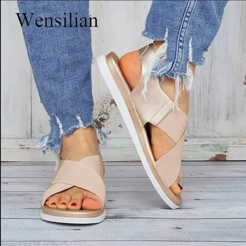 Verano Sandalias Para Mujer Elástica Textil Empalme Sandalias Planas De Playa Casual Zapatos Clásicos Antideslizante Sandalia Feminina 2020