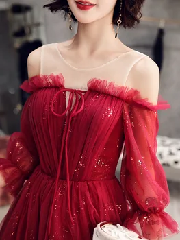 Vino de color Rojo 2020 Nuevo de la Moda las Mujeres Vestido de Noche de la Ilusión O-cuello de Volantes Lentejuelas una Línea de Vestidos de fiesta de Encaje con Espalda Hasta encargo