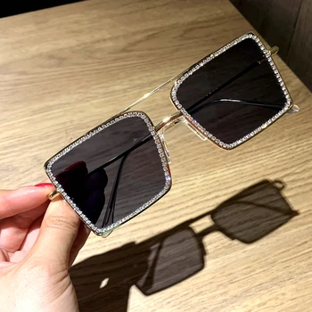 Vintage marco Grande punto diamante de gafas de sol de las mujeres de lujo de la marca diseño de la plaza de espejo plano cristalino transparente sol glasse hombres oculos