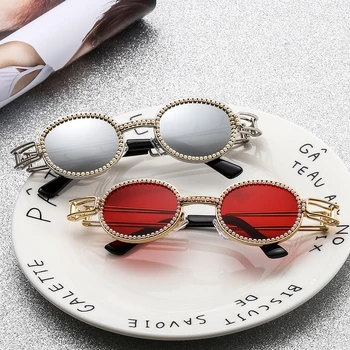 Vintage Oval Pequeña Mujer de las Gafas de sol para Hombre Gafas de Unsex Negro Retro de la Marca del Diseñador de Gafas UV400 de la Perla de la Decoración de Marco Oculos