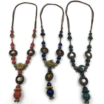 Vintage Étnico Coloridas bolas de Cerámica colgante, Collar Ajustable con Nudos Largo collar colgante para las Mujeres de regalo